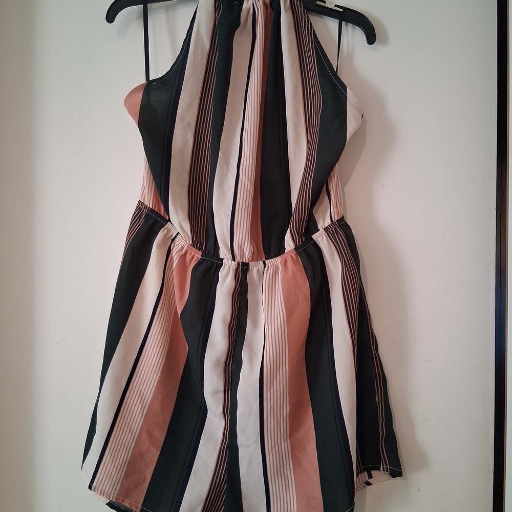 Olive/ Pink Striped Halter Neck Women's Romper